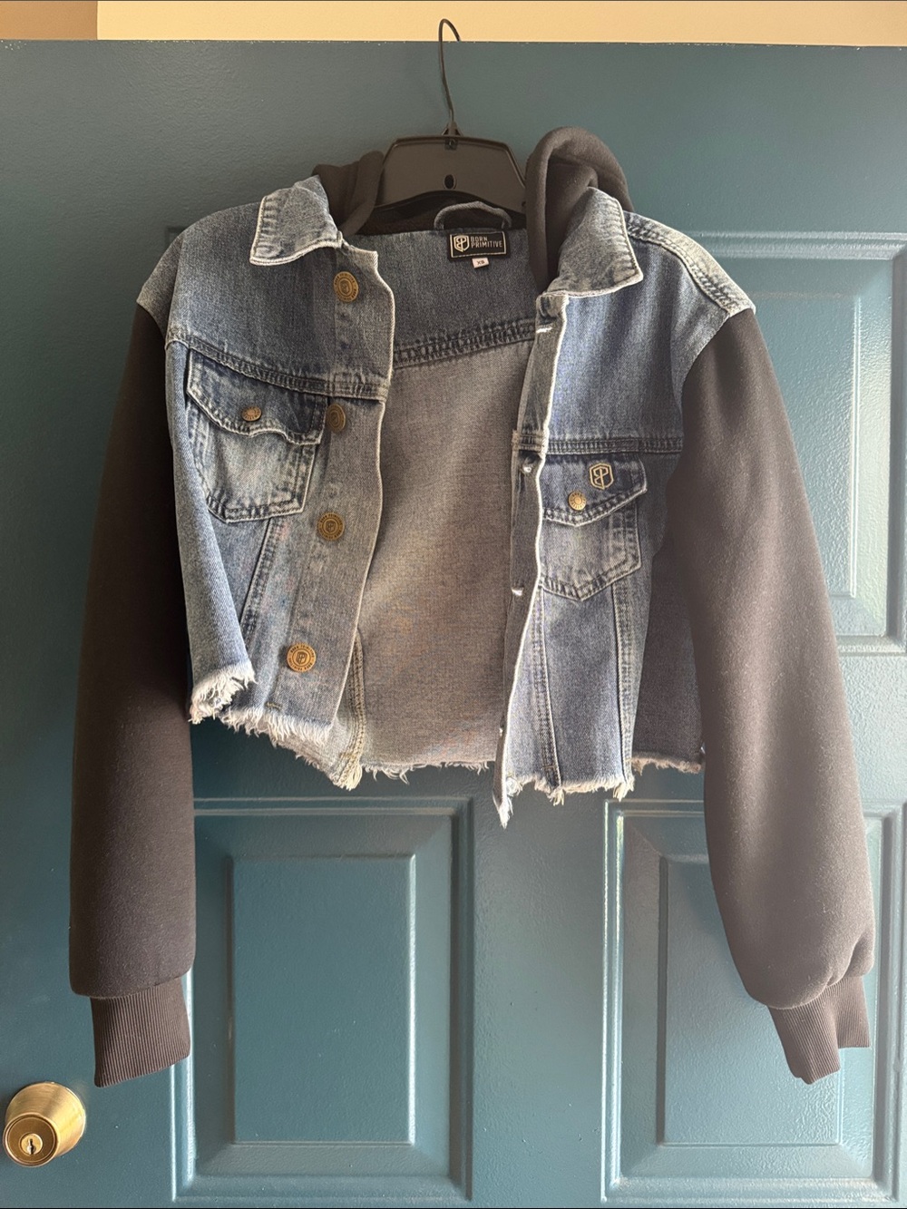 Born Primitive Distressed Light Blue Denim Jacket with Black Sleeves